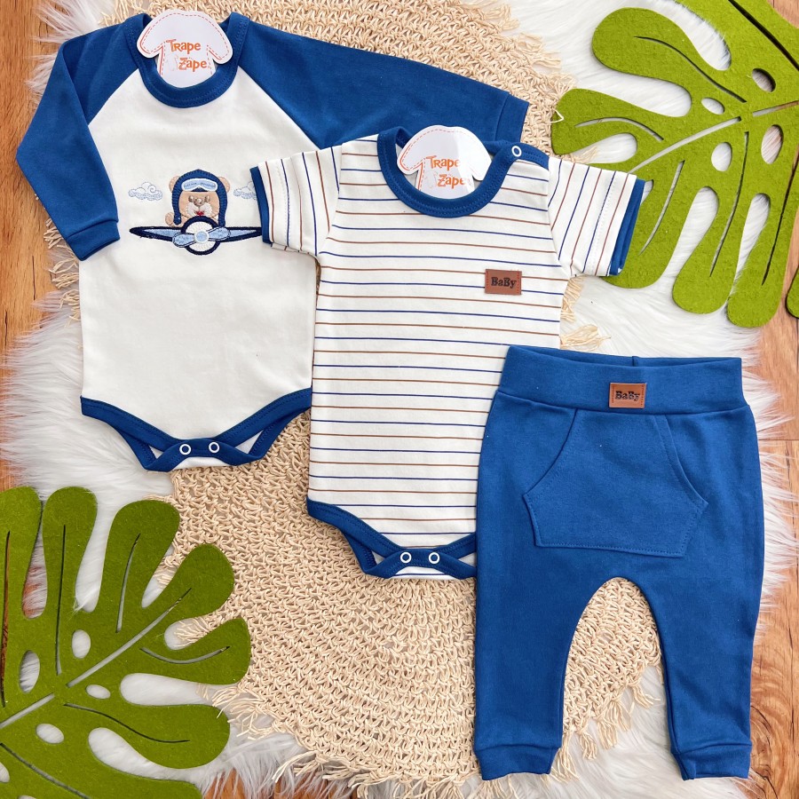 Conj. de Malha 3 peças - Ursinho Aviador - Marinho e Off White